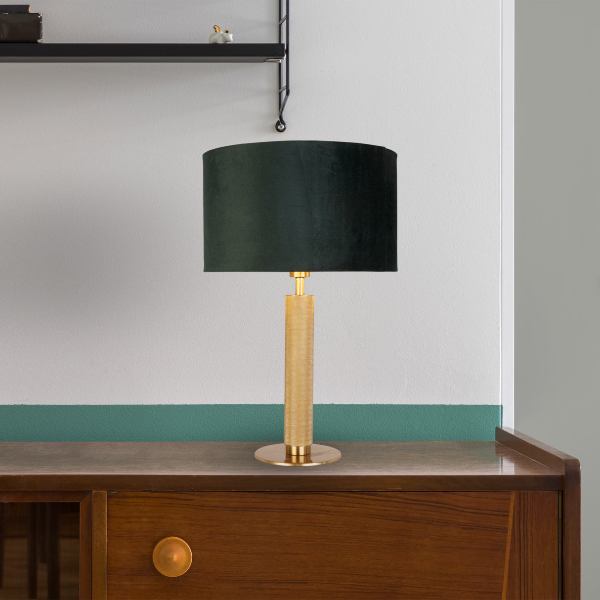 Searchlight Electric London Table Lamp - Knurled Brass & Green Velvet Shade 65721GR