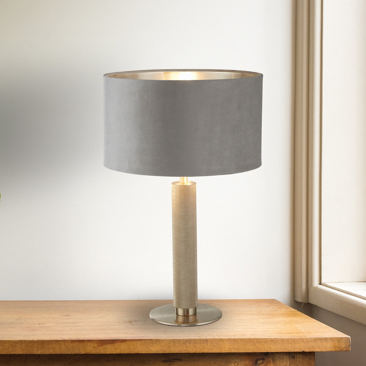 Searchlight Electric London Table Lamp- Knurled Satin Silver & Grey Velvet Shade 65721GY