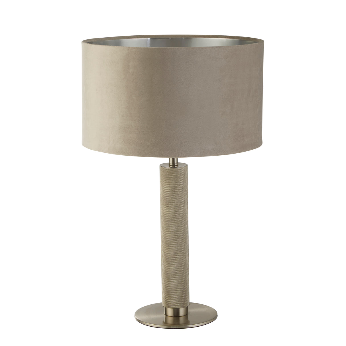 Searchlight Electric London Table Lamp- Knurled Satin Silver & Taupe Velvet Shade 65721TA