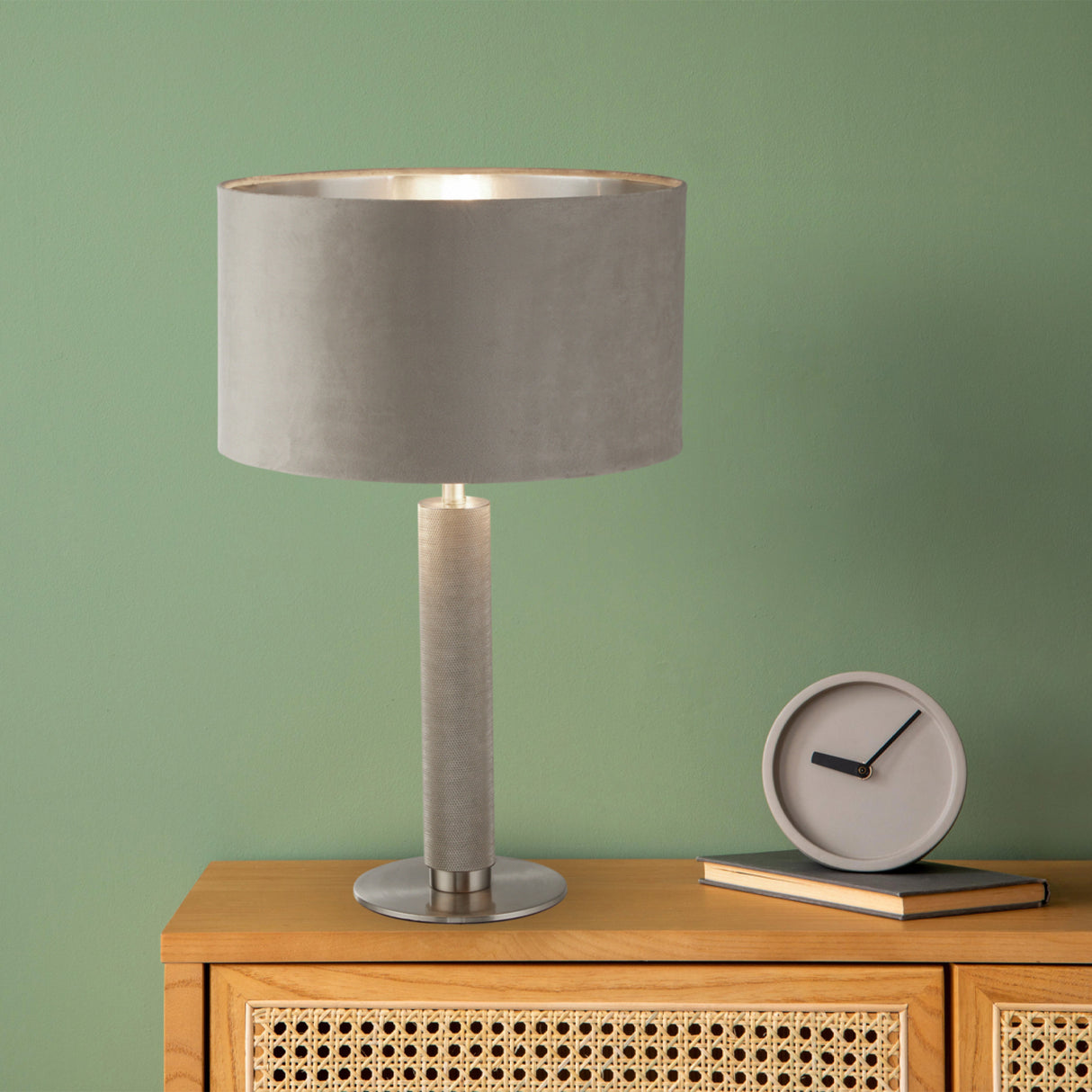 Searchlight Electric London Table Lamp- Knurled Satin Silver & Taupe Velvet Shade 65721TA