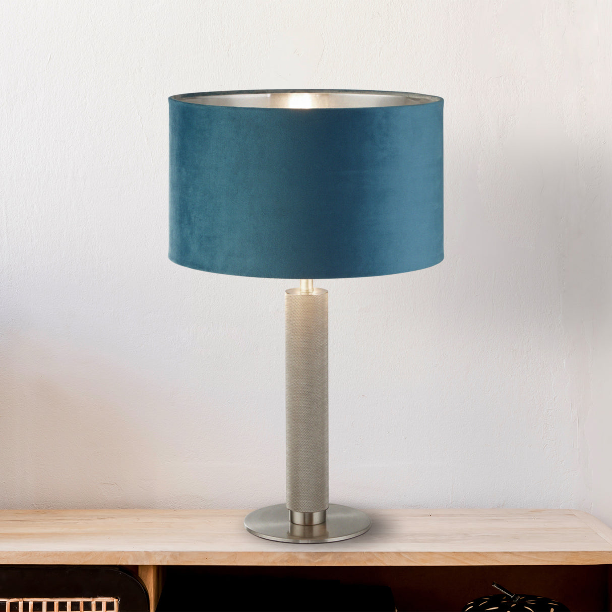 Searchlight Electric London Table Lamp - Knurled Satin Silver & Teal Velvet Shade 65721TE
