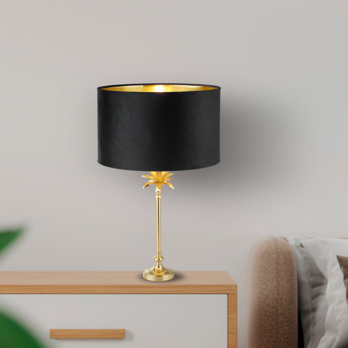Searchlight Electric Palm Table Lamp - Satin Brass & Black Velvet Shade 81212BK