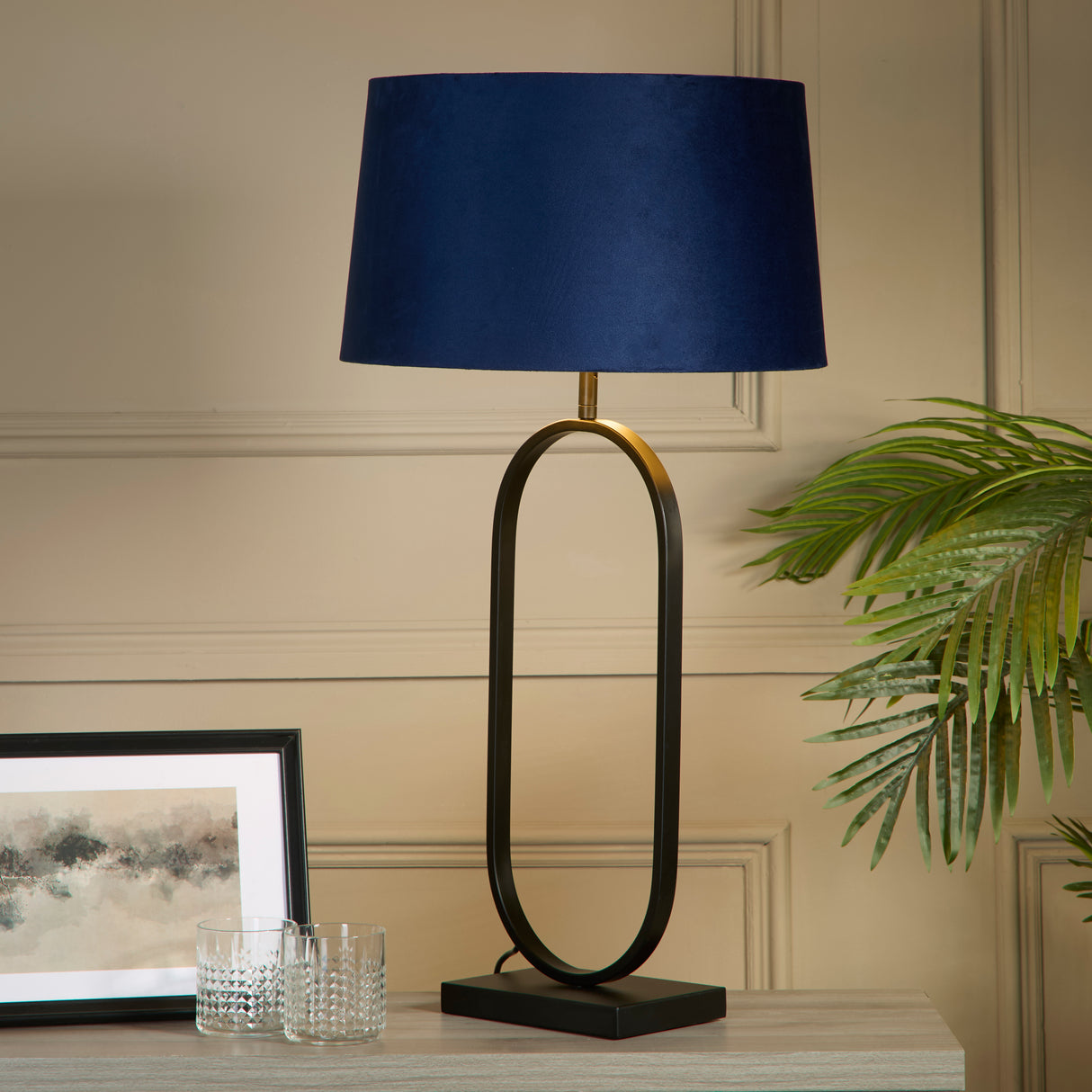 Searchlight Electric Modish Table Lamp - Matt Black Metal With Shade - Navy 94101AZ