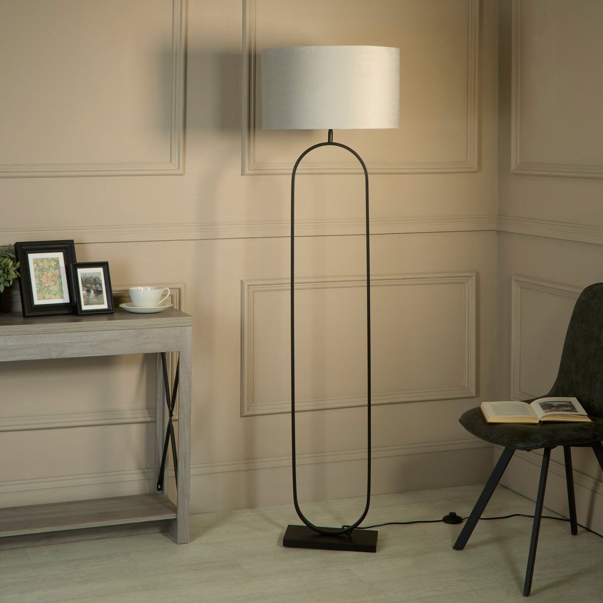 Searchlight Electric Modish Floor Lamp Black Metal with Light Grey Shade 95101GY