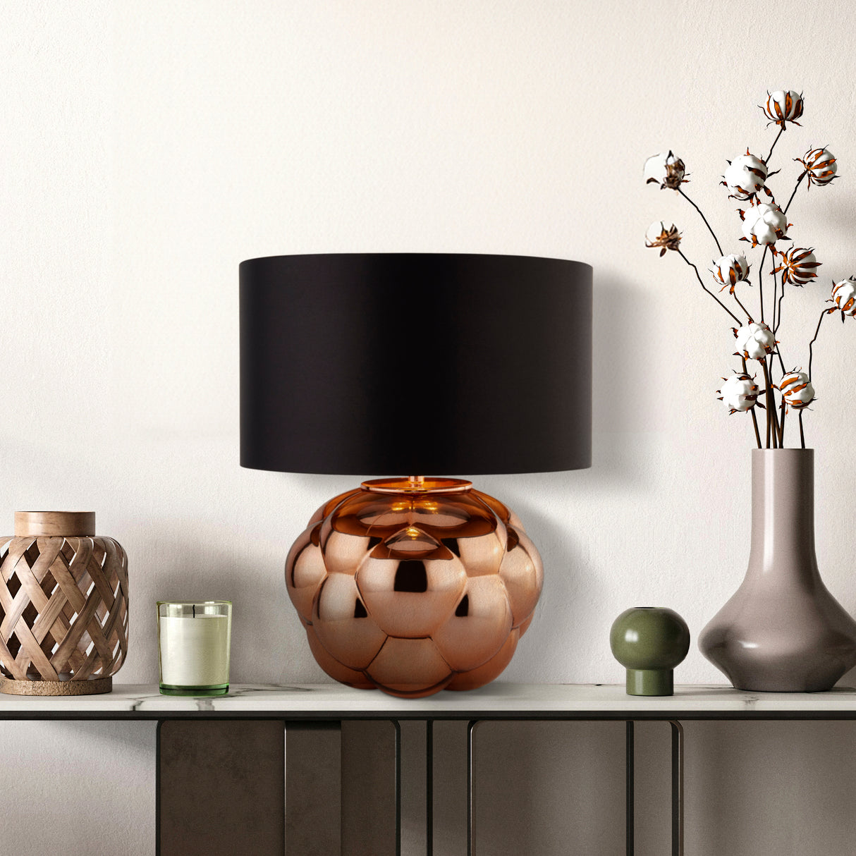 Searchlight Electric Fizz Table Lamp - Copper Glass & Black Faux Silk Shade 9711CU