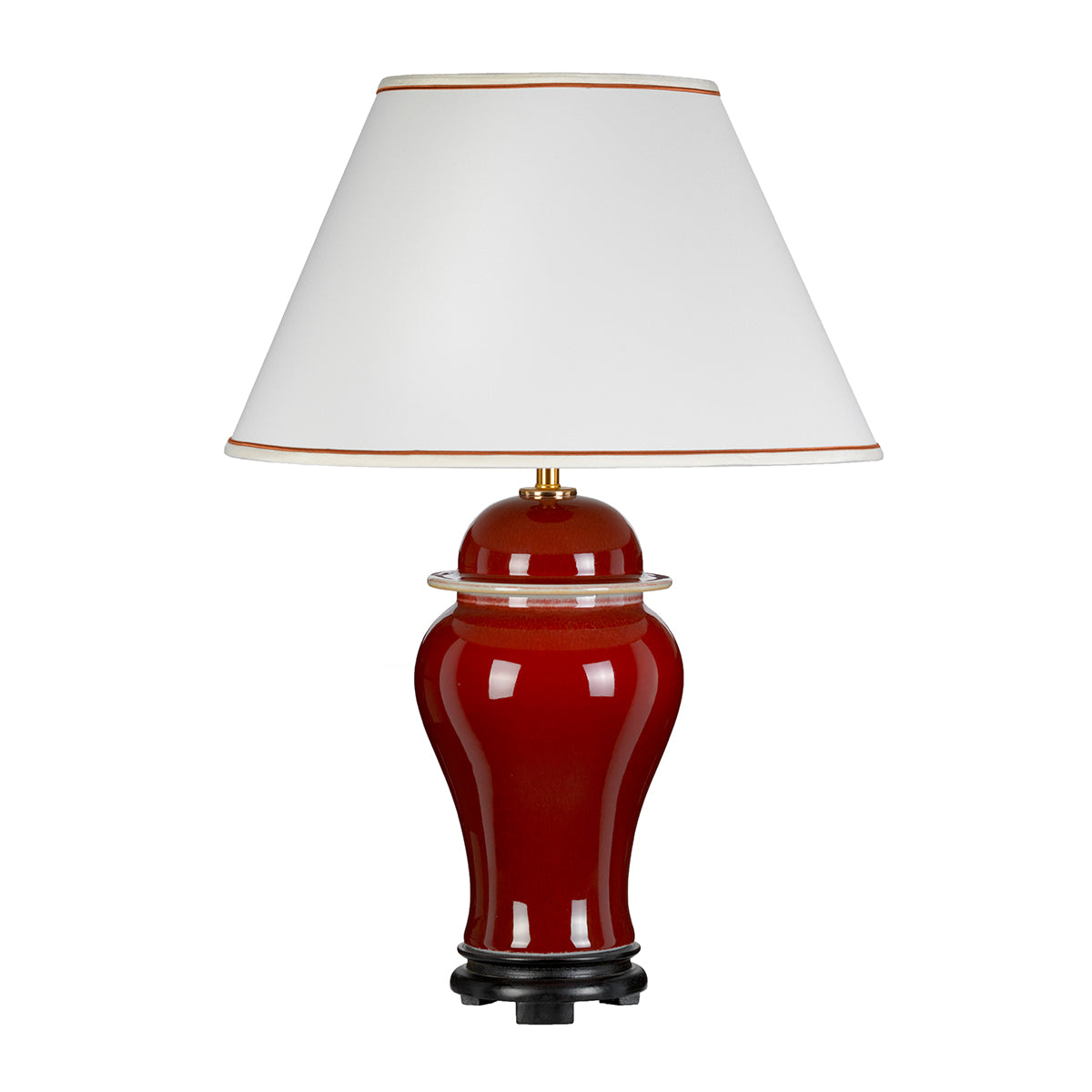 Designer's Lightbox Table Lamp from the Oxblood range. Oxblood Temple Jar 1 Light Table Lamp with Tall Empire Shade Product Code = DL-OXBLOOD-TJ-TL