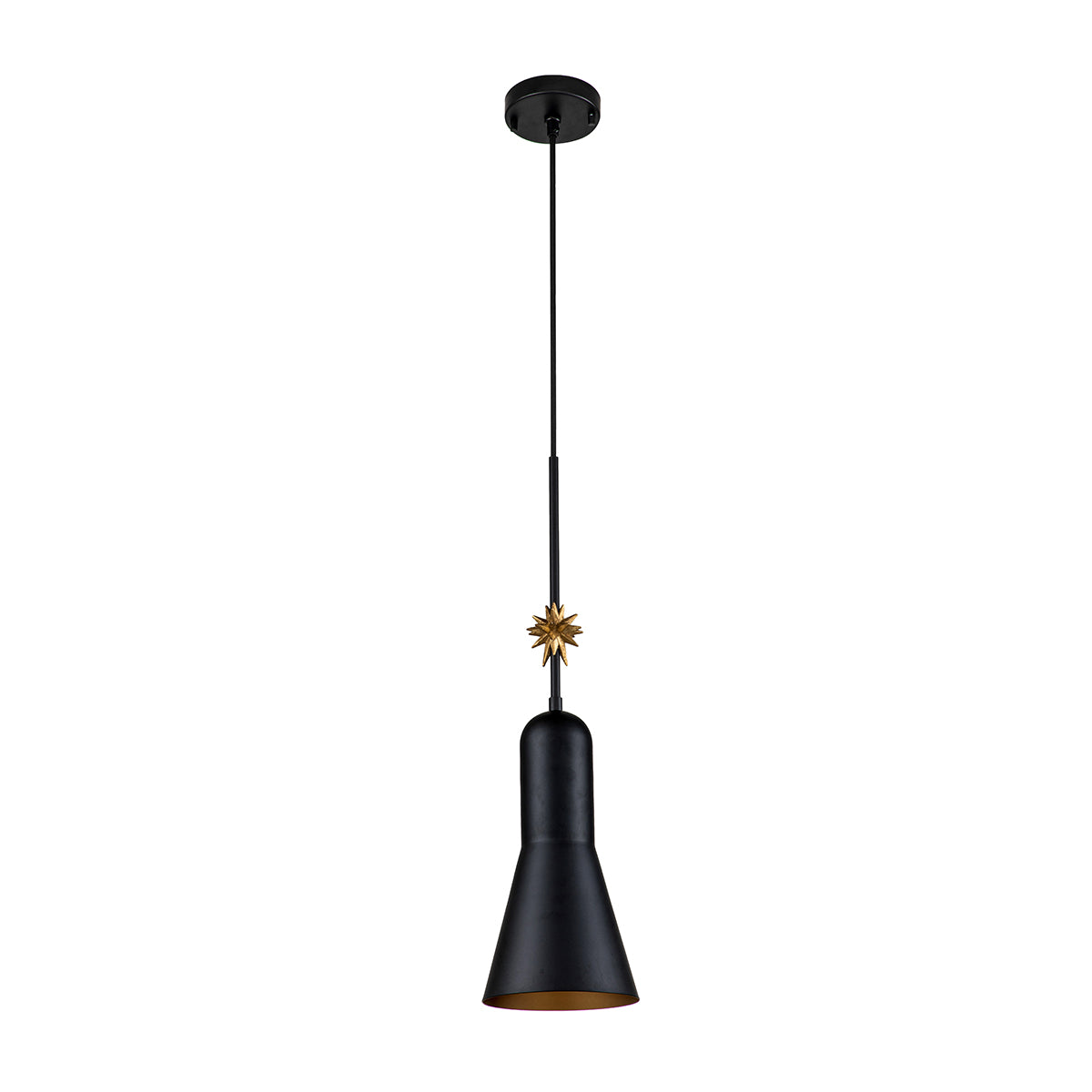 Elstead Lighting Pendant from the Etoile range. Etoile 1lt Medium Pendant - Matte Black and Gold Leaf Product Code = ETOILE-P-M-MB