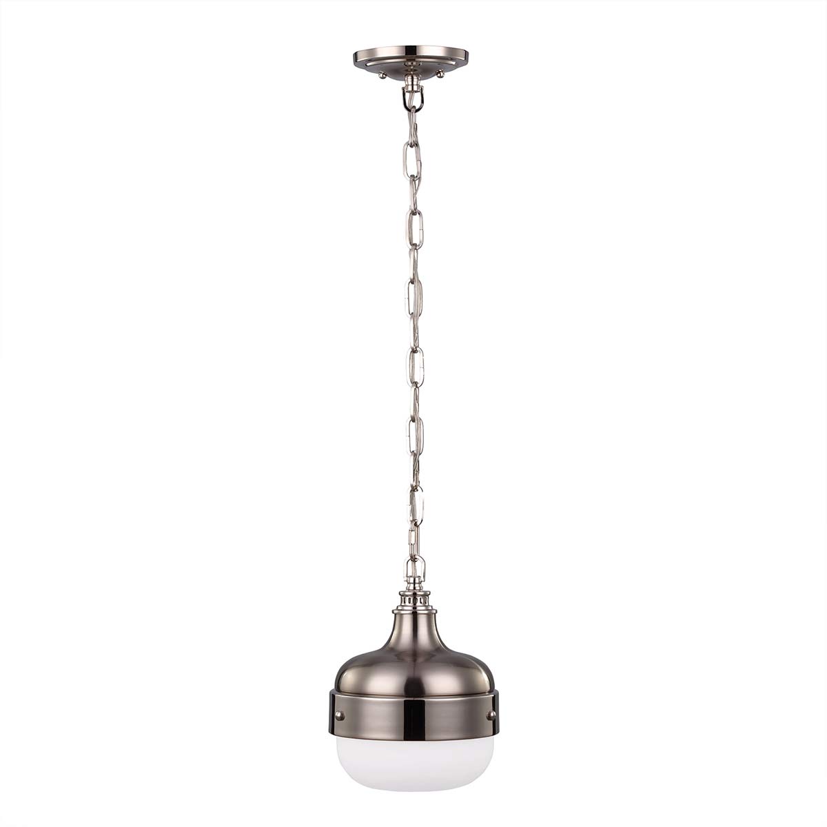 Feiss Pendant from the Cadence range. Cadence 1 Light Mini Pendant - Polished Nickel/Brushed Steel Product Code = FE-CADENCE-1P-BS