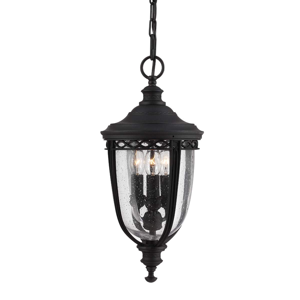 Feiss Outdoor Hanging from the English Bridle range. English Bridle 3 Light Medium Chain Lantern Product Code = FE-EB8-M-BLK