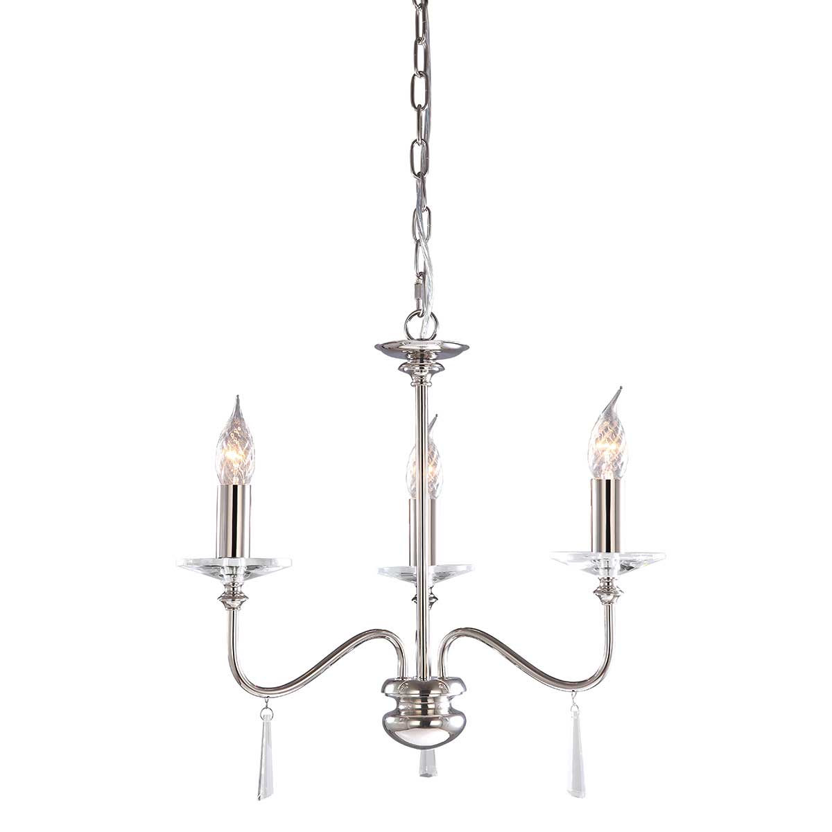 Elstead Lighting Chandelier from the Finsbury Park range. Finsbury Park 3 Light Chandelier Product Code = FP3-POL-NICKEL