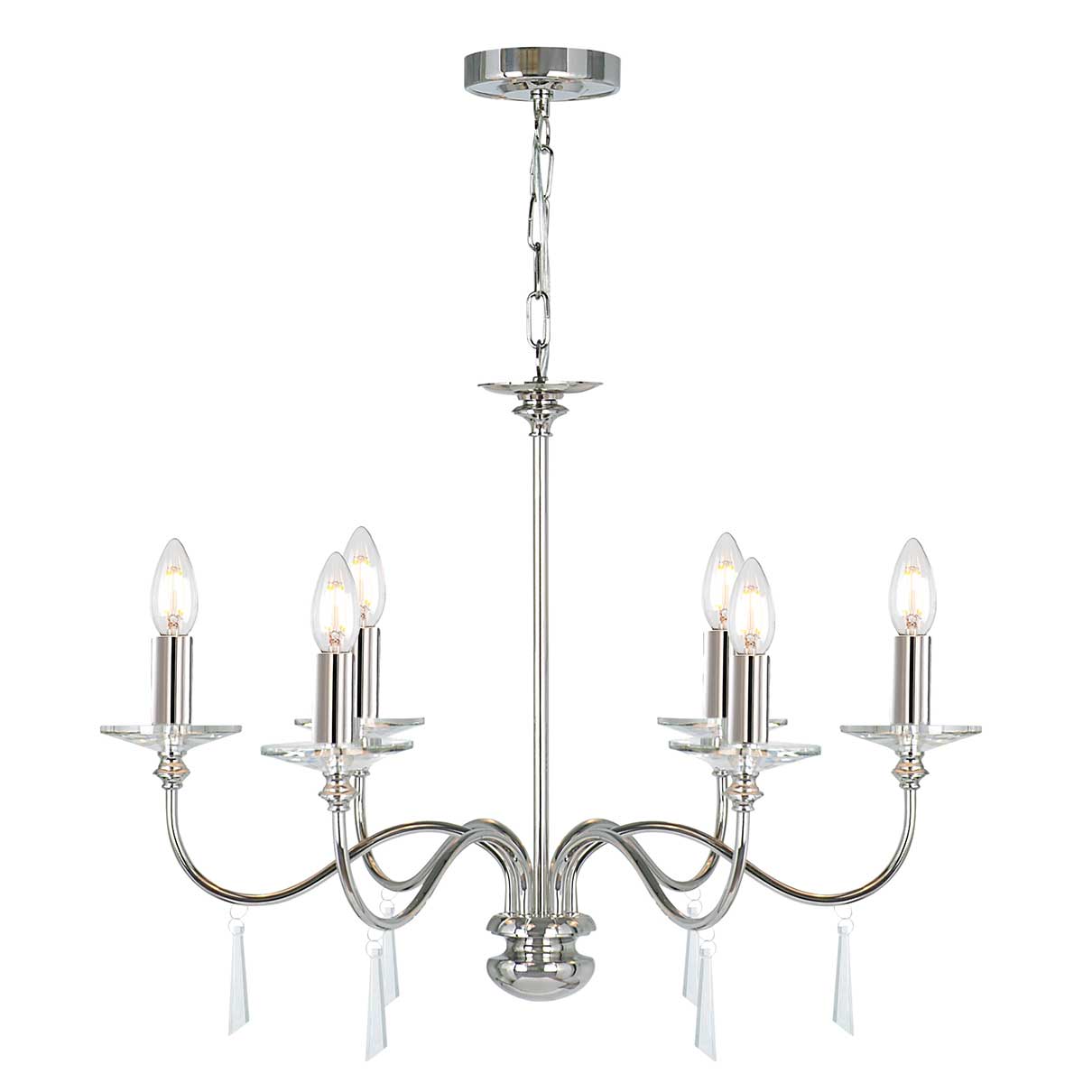 Elstead Lighting Chandelier from the Finsbury Park range. Finsbury Park 6 Light Chandelier Product Code = FP6-POL-NICKEL