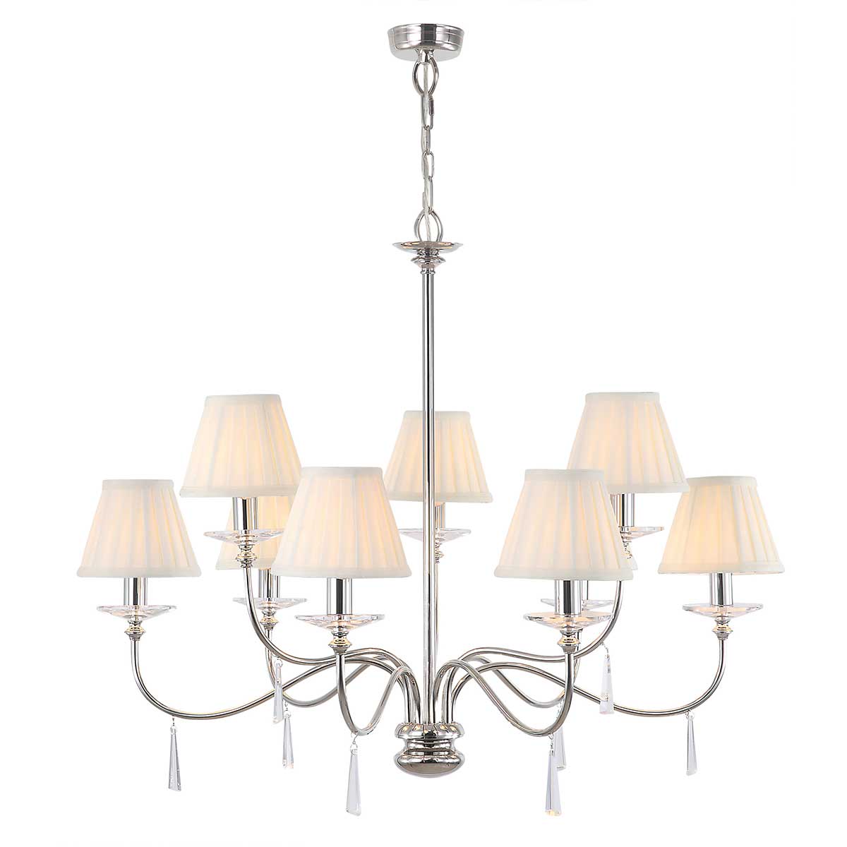Elstead Lighting Chandelier from the Finsbury Park range. Finsbury Park 9 Light Chandelier Product Code = FP9-POL-NICKEL