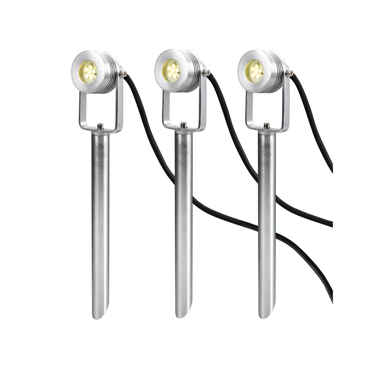 Garden Zone Spot Lights from the Spennymoor range. Spennymoor Starter kit including 3 x 12V Spotlights, 3 x Spikes, 6m cable & 12V Transformer Product Code = GZCC-SPENNYMOOR-3S