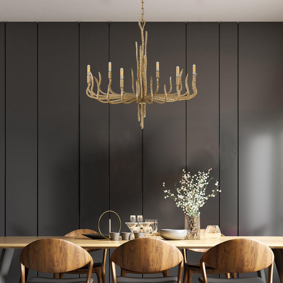 Hinkley Chandelier from the Spyre range. Spyre 6 Light Chandelier Product Code = HK-SPYRE6C-CPG