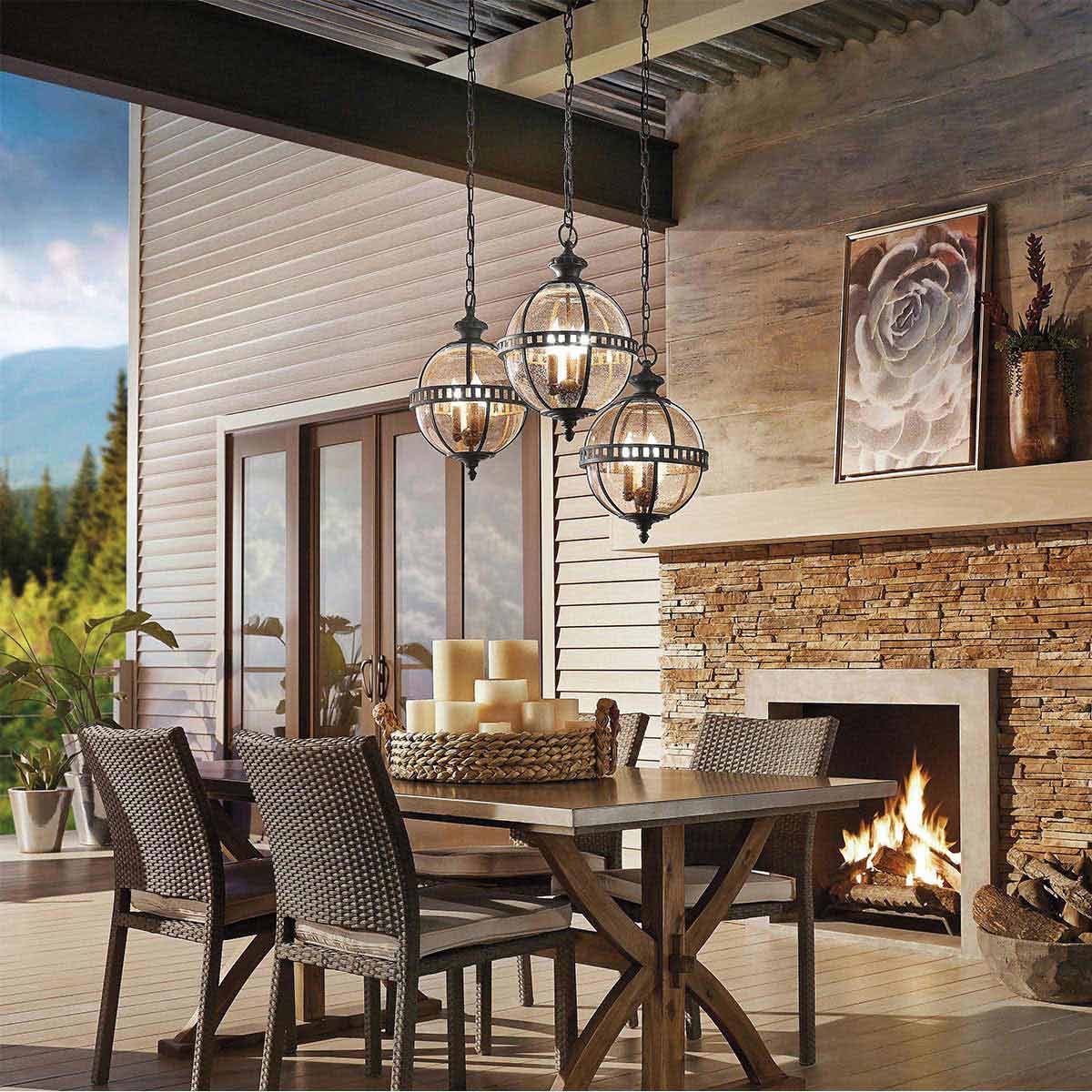 Kichler Outdoor Hanging from the Halleron range. Halleron 3 Light Chain Lantern Product Code = KL-HALLERON-8M