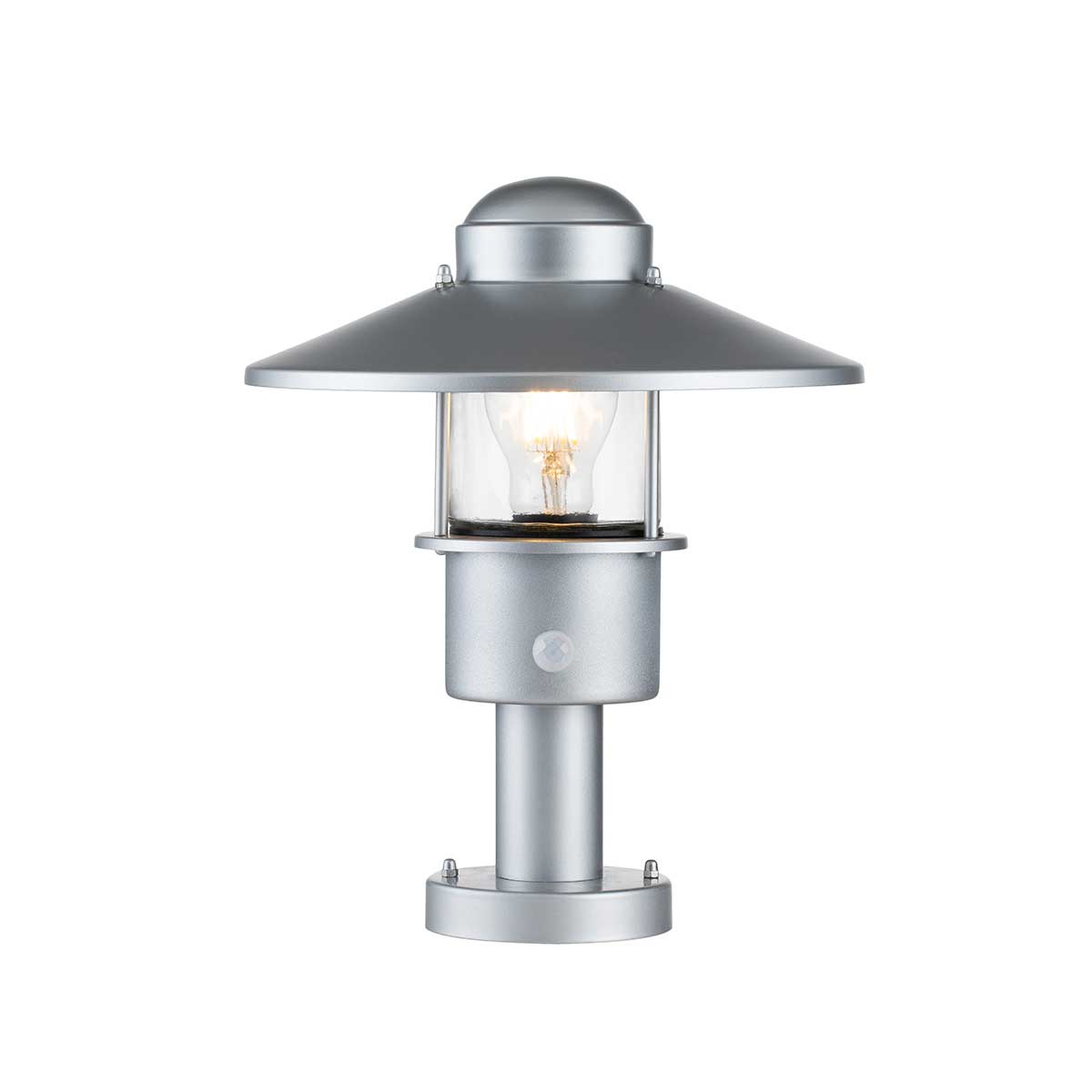 Elstead Lighting Pedestal Lantern from the Klampenborg range. Klampenborg 1 Light Pedestal with PIR Product Code = KLAMPENBORG-PED-PIR-SIL