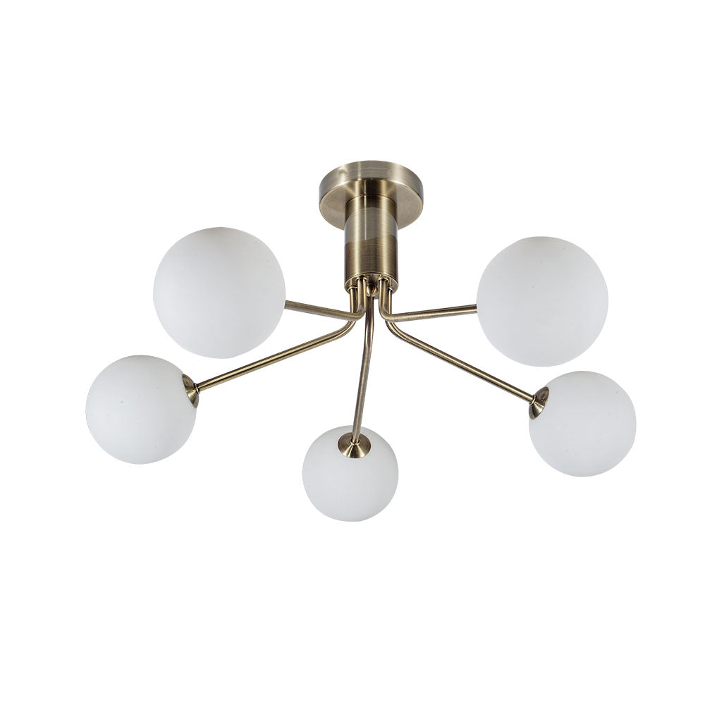 Magnalux Lando 5 Light Semi Flush Antique Brass with Opal Ball Part Number - LAN05AB