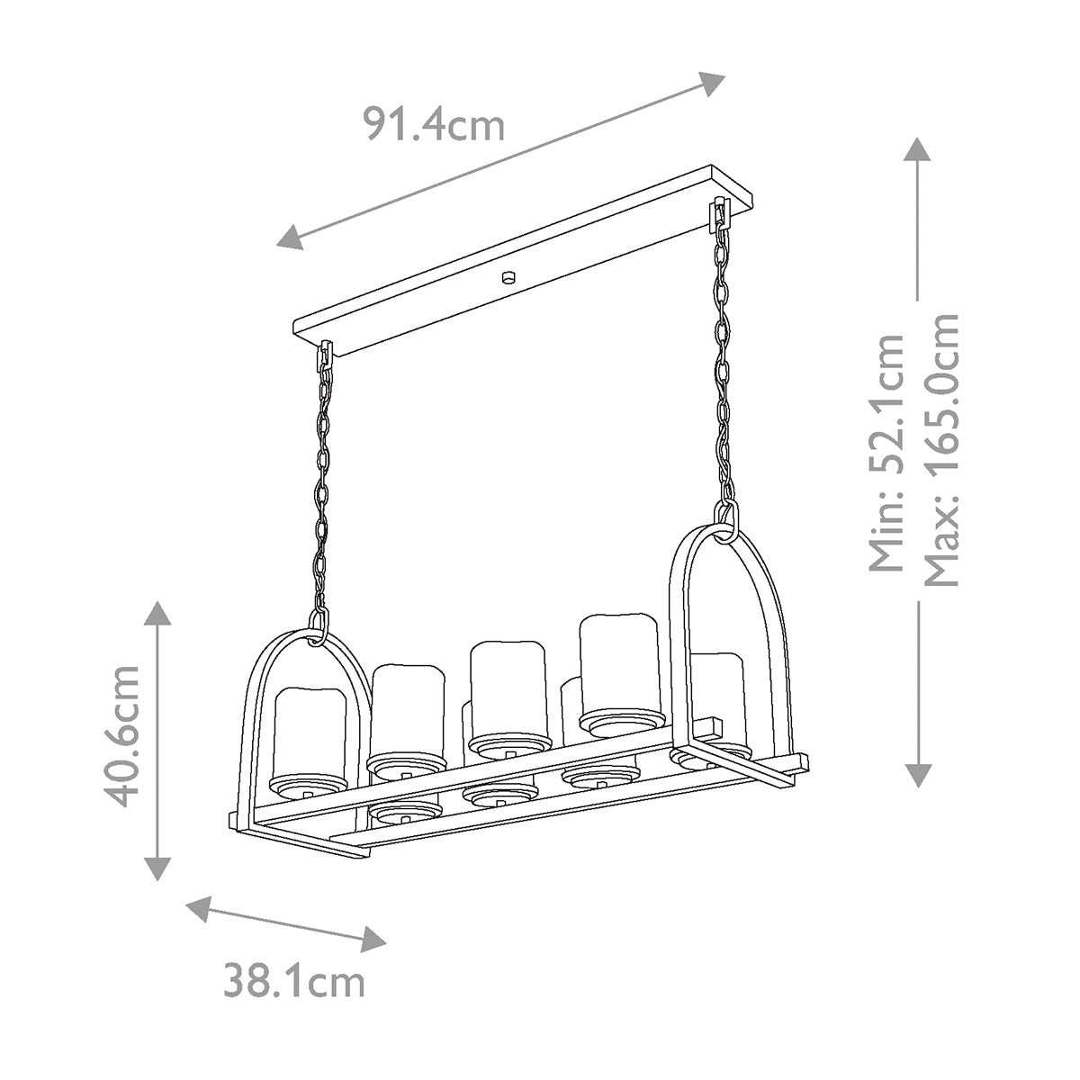 Quoizel Linear Chandelier from the Aldora range. Aldora 8 Light Island Light Product Code = QZ-ALDORA8-ISLE