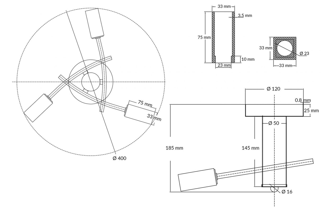 Magnalux Topaz 3 Light Polished Chrome c/w Square Glass Part Number - TOP03CH