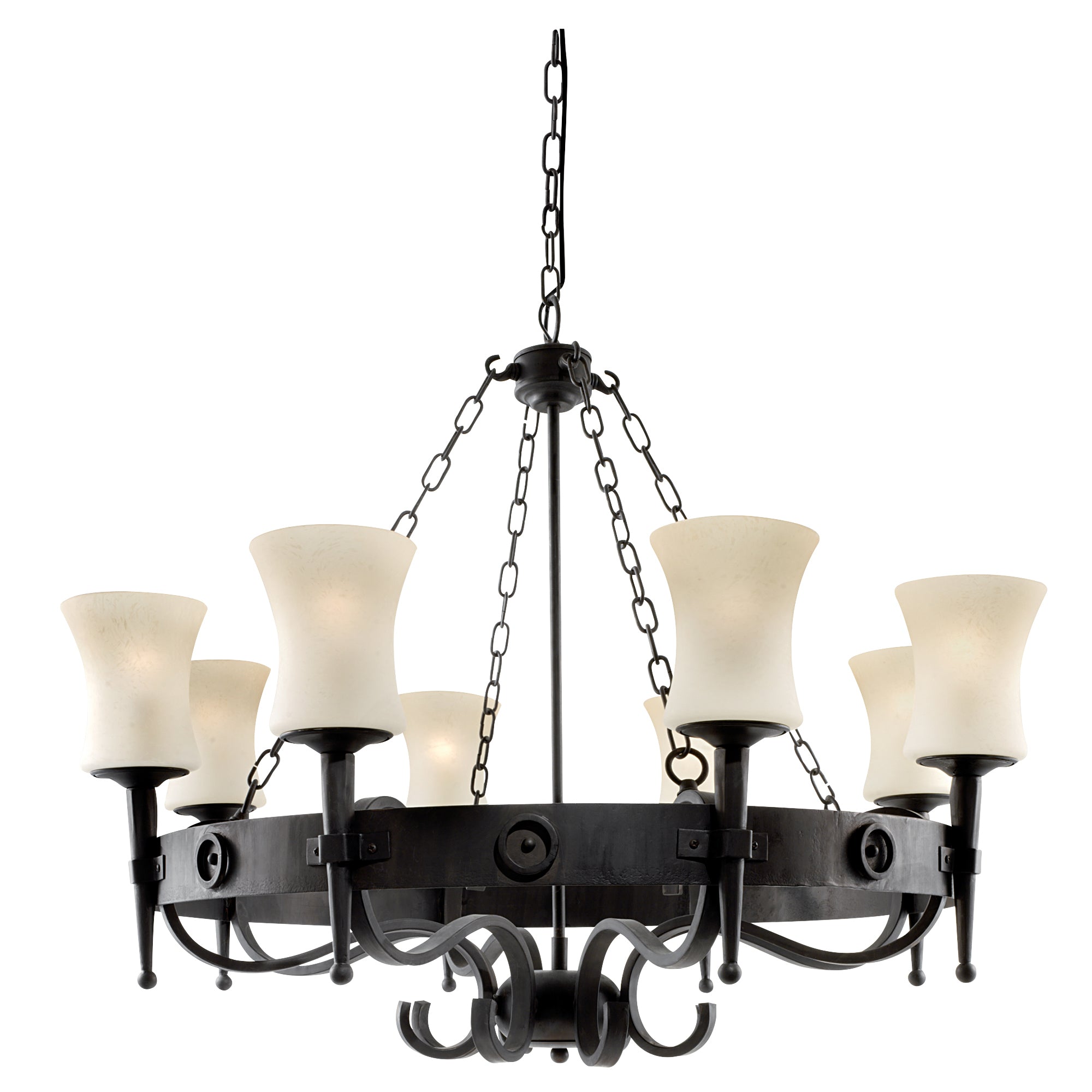 Cartwheel 8Lt Pendant - Black Metal & Sanded Glass