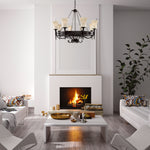 Searchlight Electric Cartwheel 8Lt Pendant - Black Metal & Sanded Glass 0818-8BK