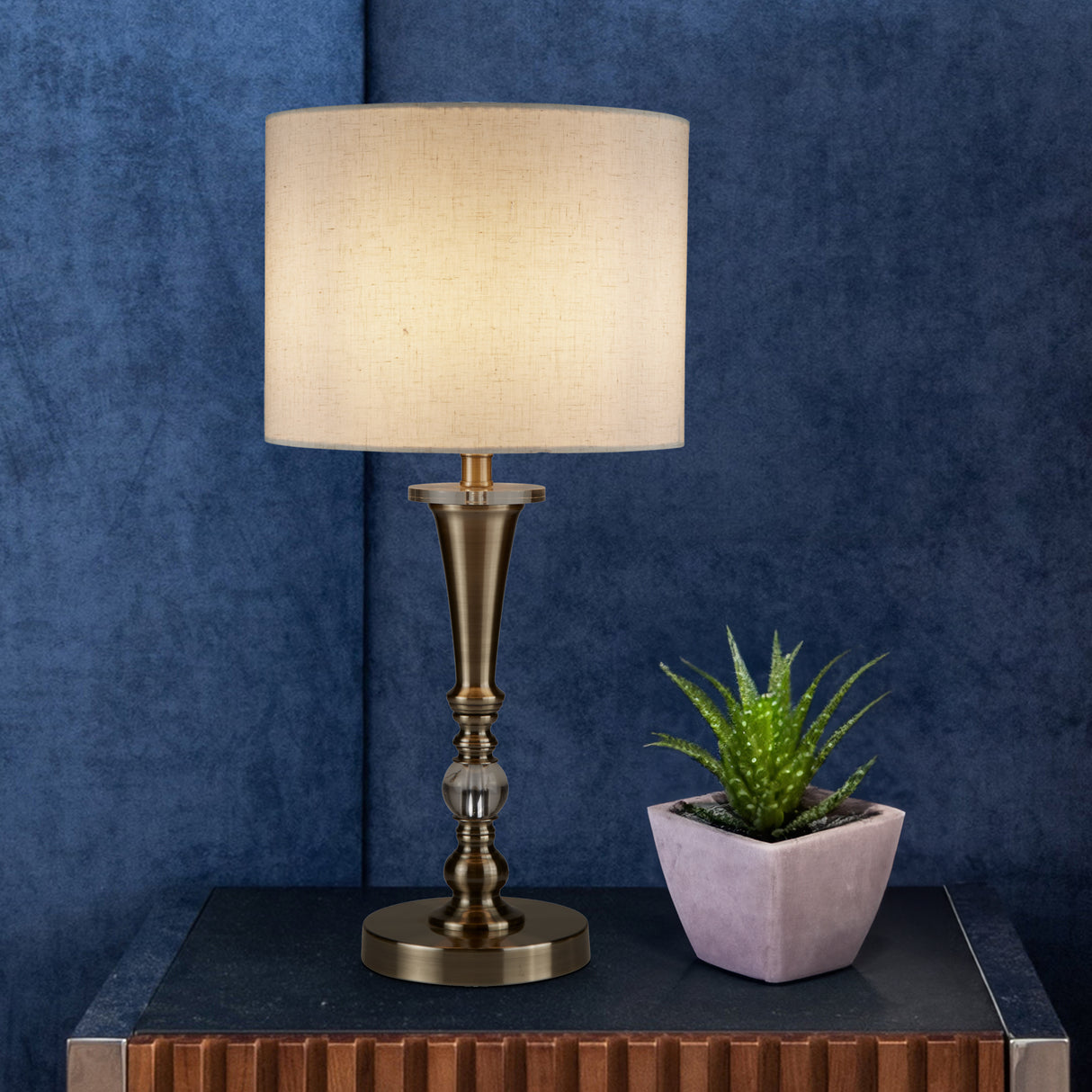 Searchlight Electric Oscar Table Lamp - Antique Brass Metal & Oatmeal Linen Shade 1011AB