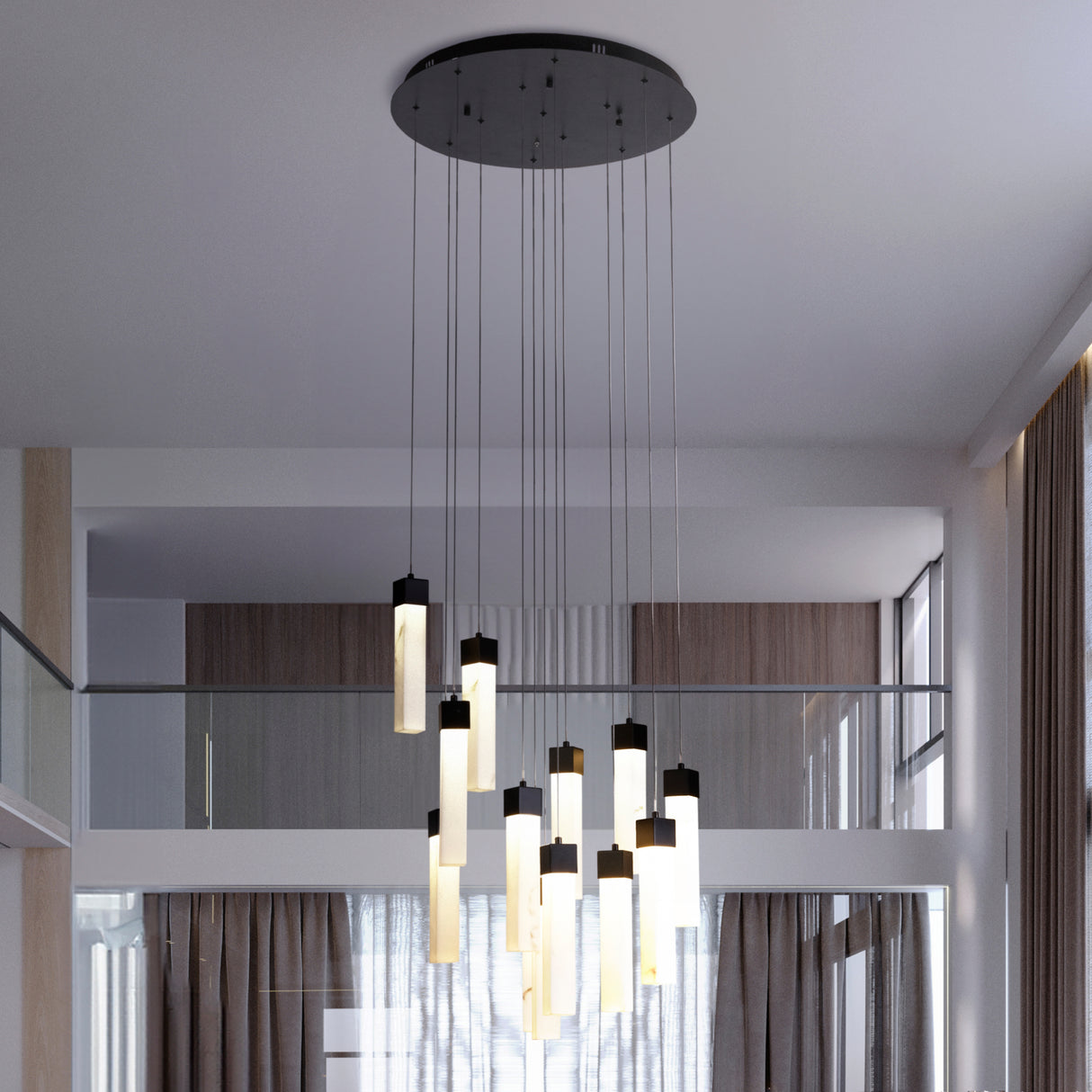Searchlight Electric Moonbeam 13Lt Pendant, Black Metal & Marbleised Resin 10879-13BK