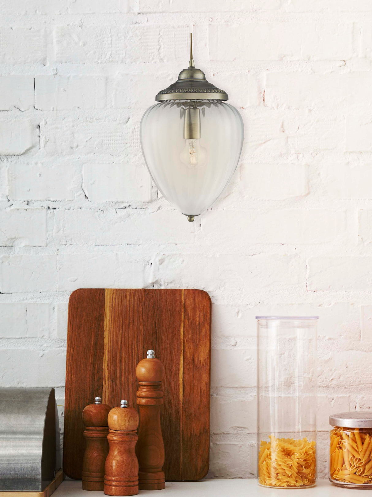 Searchlight Electric Moscow Pendant  - Antique Brass Metal & Ribbed Glass 1091AB
