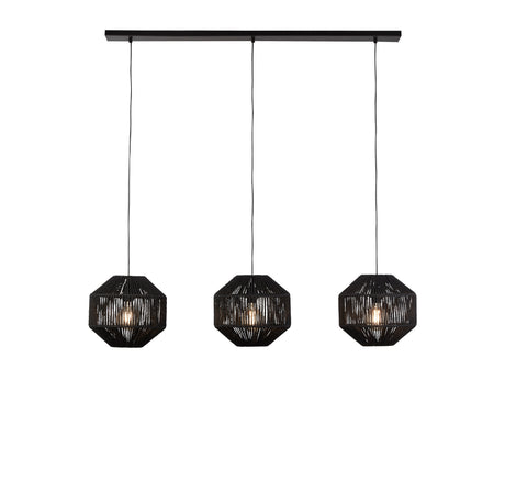Wicker 3Lt Bar Pendant - Matt Black Metal & Black Rope Shade