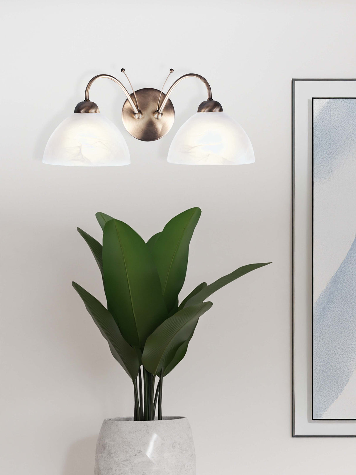 Searchlight Electric Milanese 2Lt Wall Light - Antique Brass & Alabaster Glass 1132-2AB