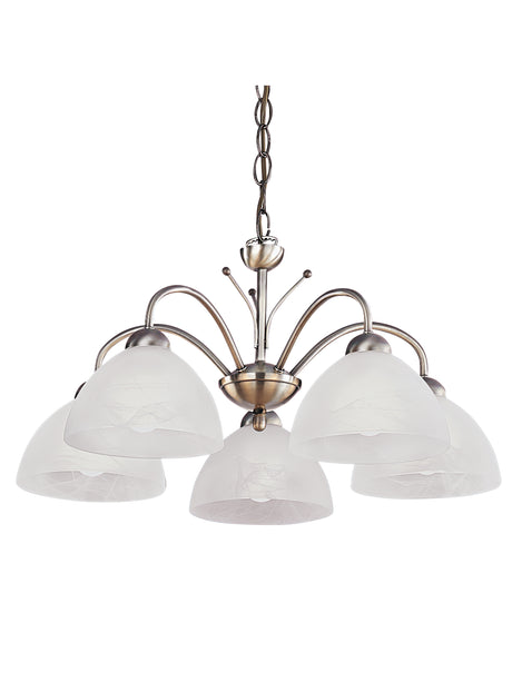 Searchlight Electric Milanese 5Lt Pendant - Antique Brass Metal & Alabaster Glass 1135-5AB