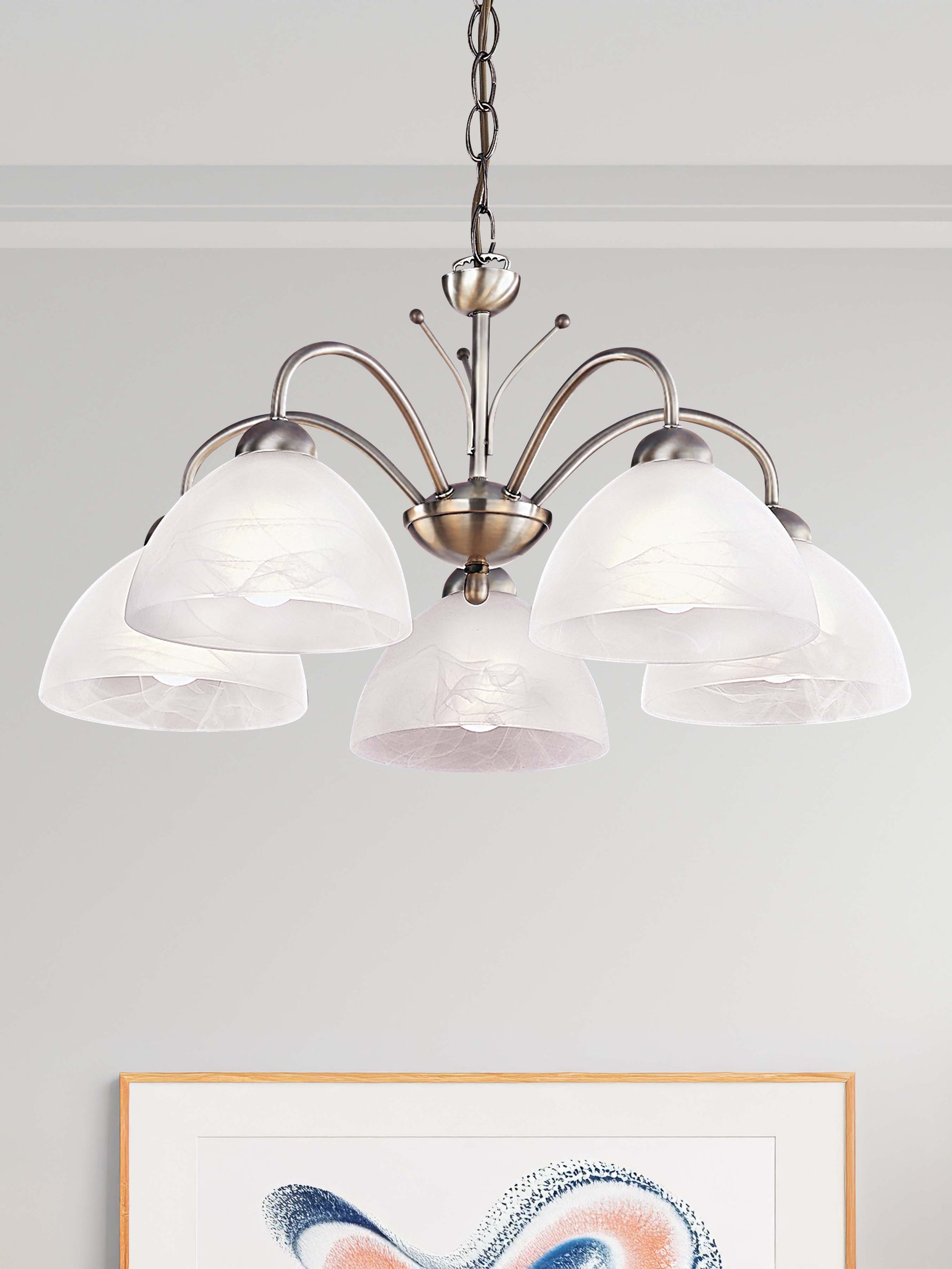 Searchlight Electric Milanese 5Lt Pendant - Antique Brass Metal & Alabaster Glass 1135-5AB