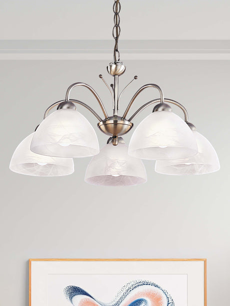 Searchlight Electric Milanese 5Lt Pendant - Antique Brass Metal & Alabaster Glass 1135-5AB
