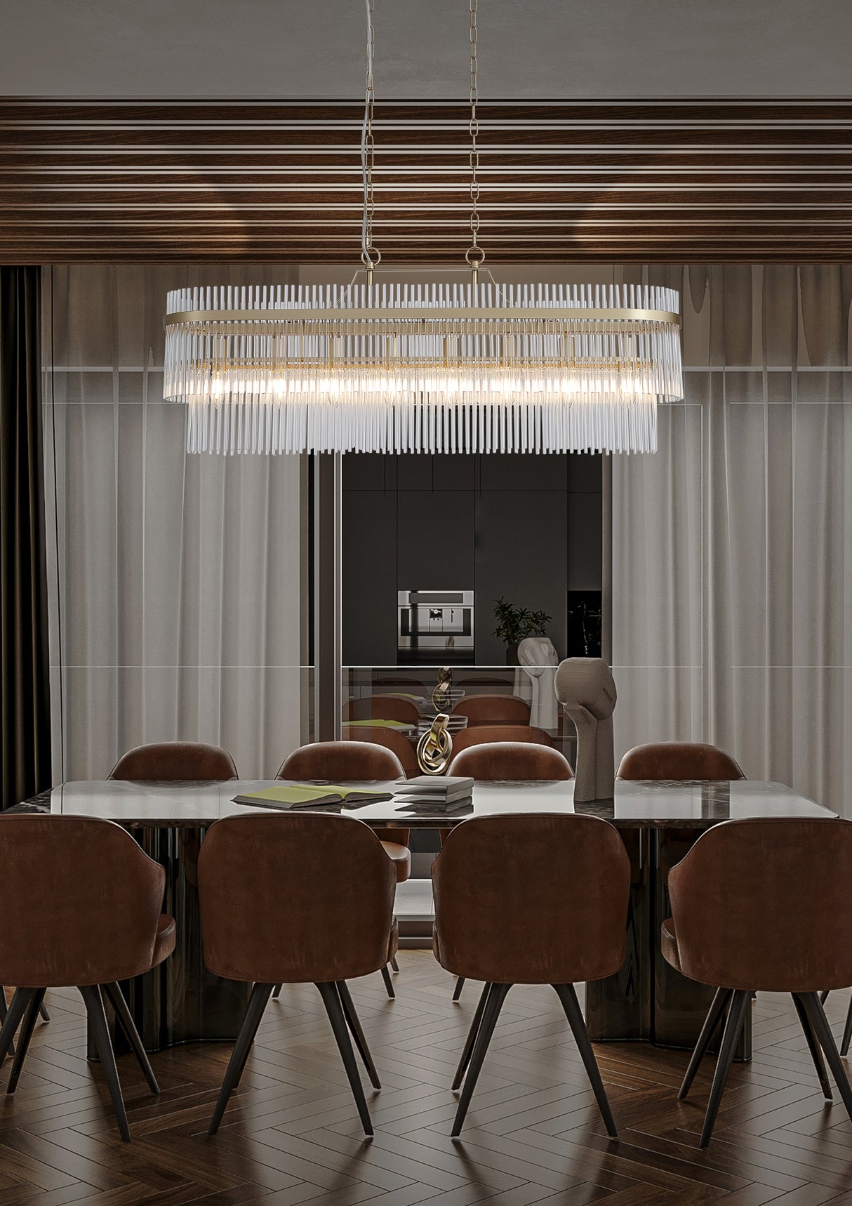 Searchlight Electric Lara 8Lt  Oval Pendant - Gold Metal & Clear Glass Rods 11400-8GO