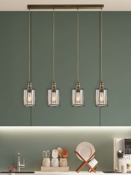 Searchlight Electric Pipes  4Lt Bar Pendant - Antique Brass Metal & Seeded Glass 1164-4AB