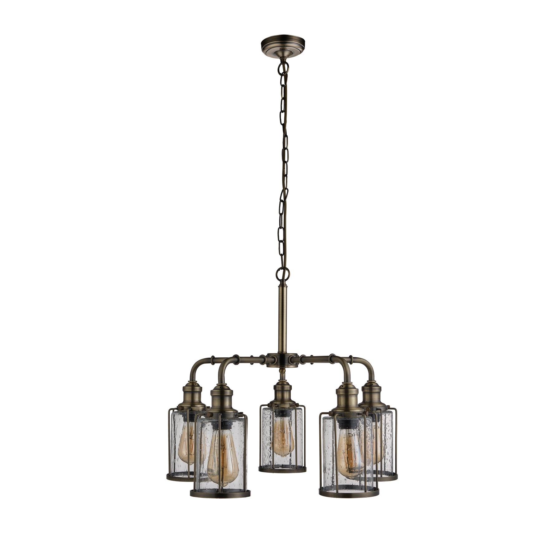 Searchlight Electric Pipes  5Lt Pendant - Antique Brass Metal & Seeded Glass 1265-5AB