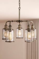Searchlight Electric Pipes  5Lt Pendant - Antique Brass Metal & Seeded Glass 1265-5AB