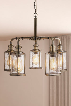Searchlight Electric Pipes  5Lt Pendant - Antique Brass Metal & Seeded Glass 1265-5AB