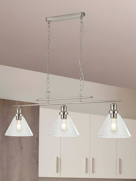 Searchlight Electric Pyramid 3Lt Bar Pendant - Satin Silver Metal & Glass 1277-3SS