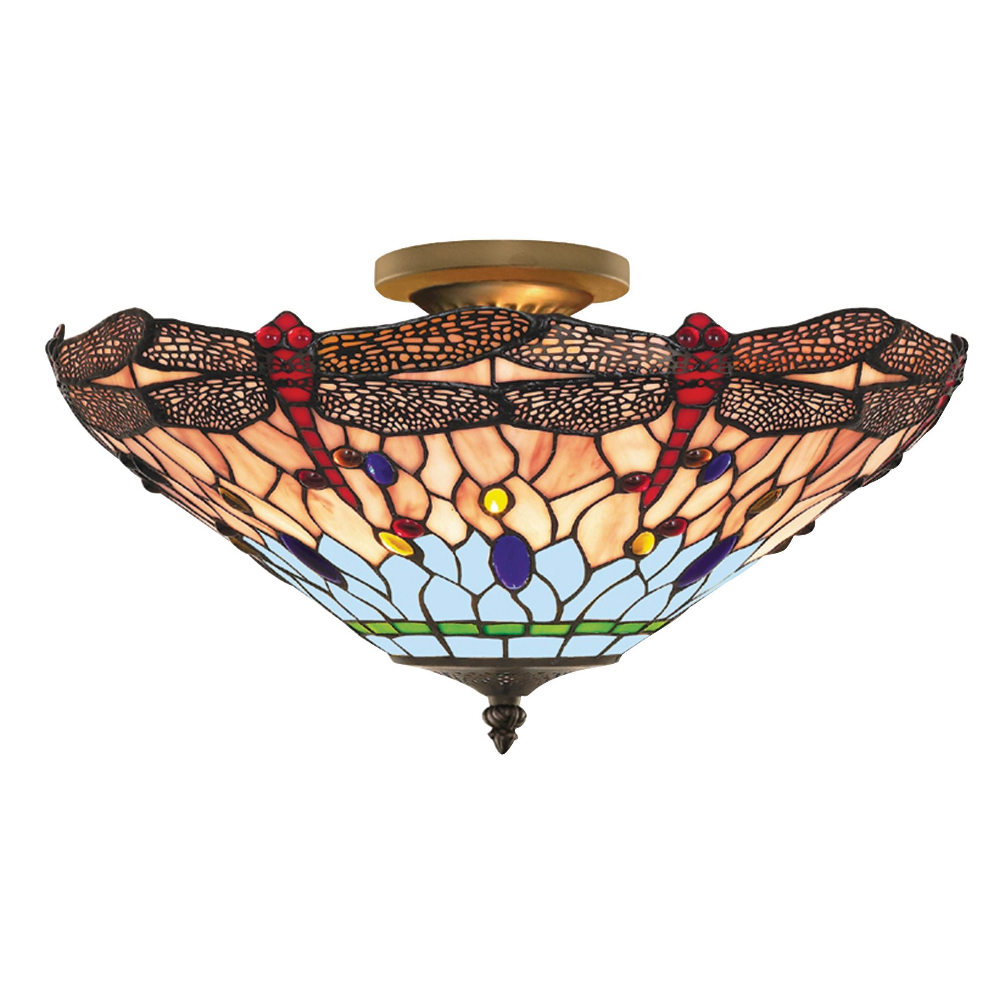 Dragonfly  Semi-Flush - Antique Brass Metal & Stained Glass