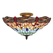 Dragonfly  Semi-Flush - Antique Brass Metal & Stained Glass