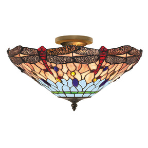 Dragonfly  Semi-Flush - Antique Brass Metal & Stained Glass