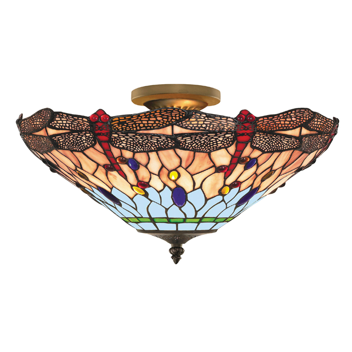 Searchlight Electric Dragonfly  Semi-Flush - Antique Brass Metal & Stained Glass 1289-16