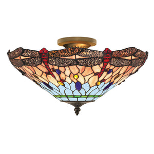 Searchlight Electric Dragonfly  Semi-Flush - Antique Brass Metal & Stained Glass 1289-16