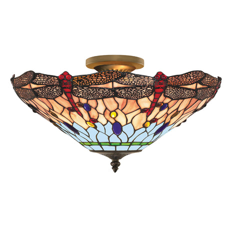 Searchlight Electric Dragonfly  Semi-Flush - Antique Brass Metal & Stained Glass 1289-16
