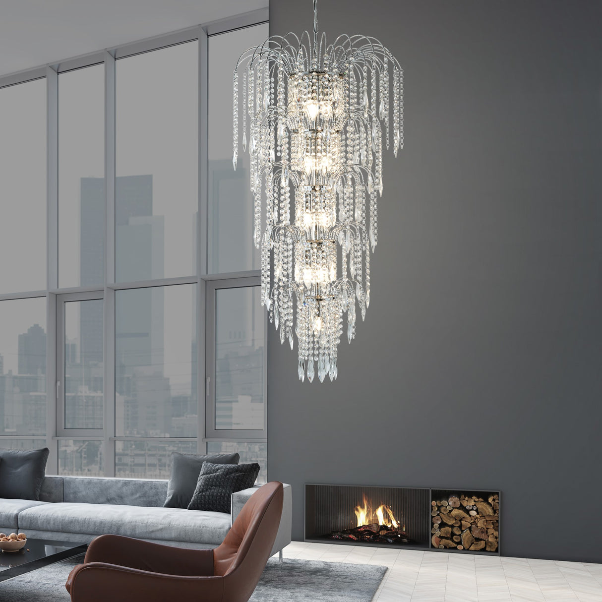 Searchlight Electric Waterfall 13Lt Chandelier  - Chrome Metal & Crystal 1313-13CC