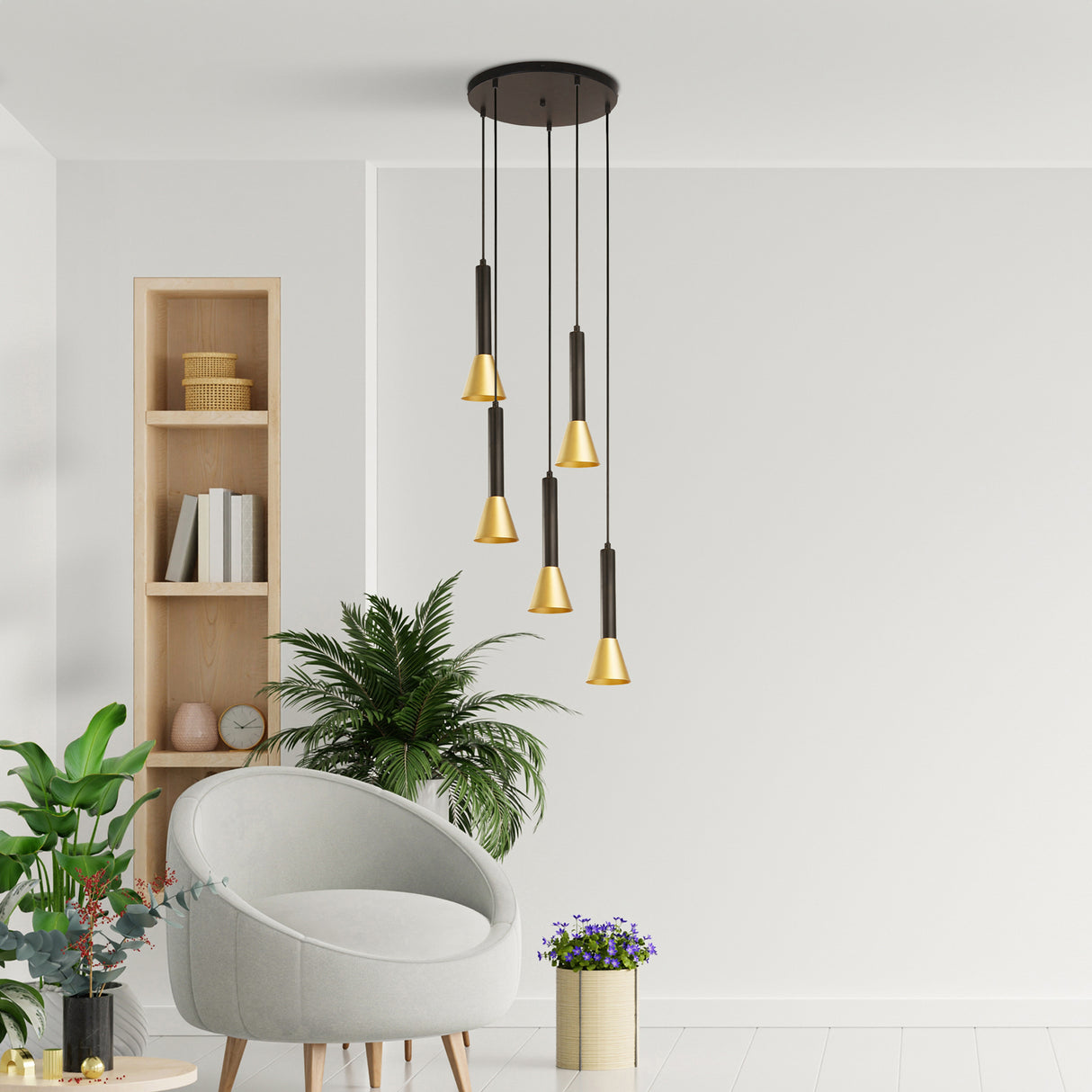 Searchlight Electric Signal 5Lt Multi-Drop Pendant - Black & Gold Metal 13611-5BGO
