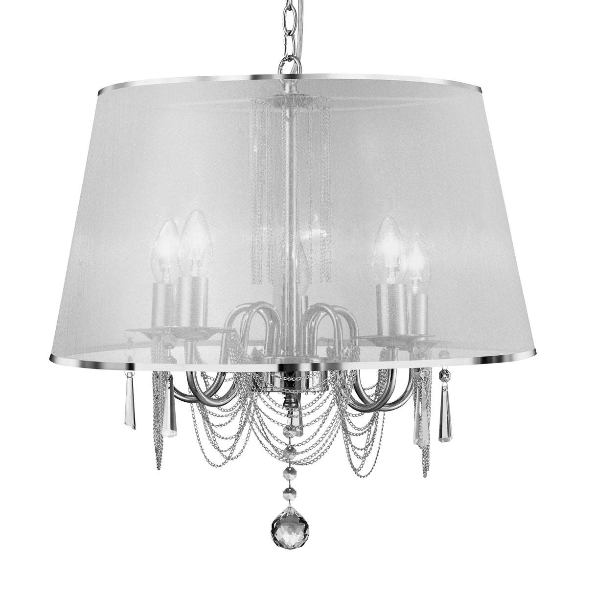 Searchlight Electric Venetian 5Lt Pendant  -  Chrome, Voile Shade & Crystal Glass 1485-5CC