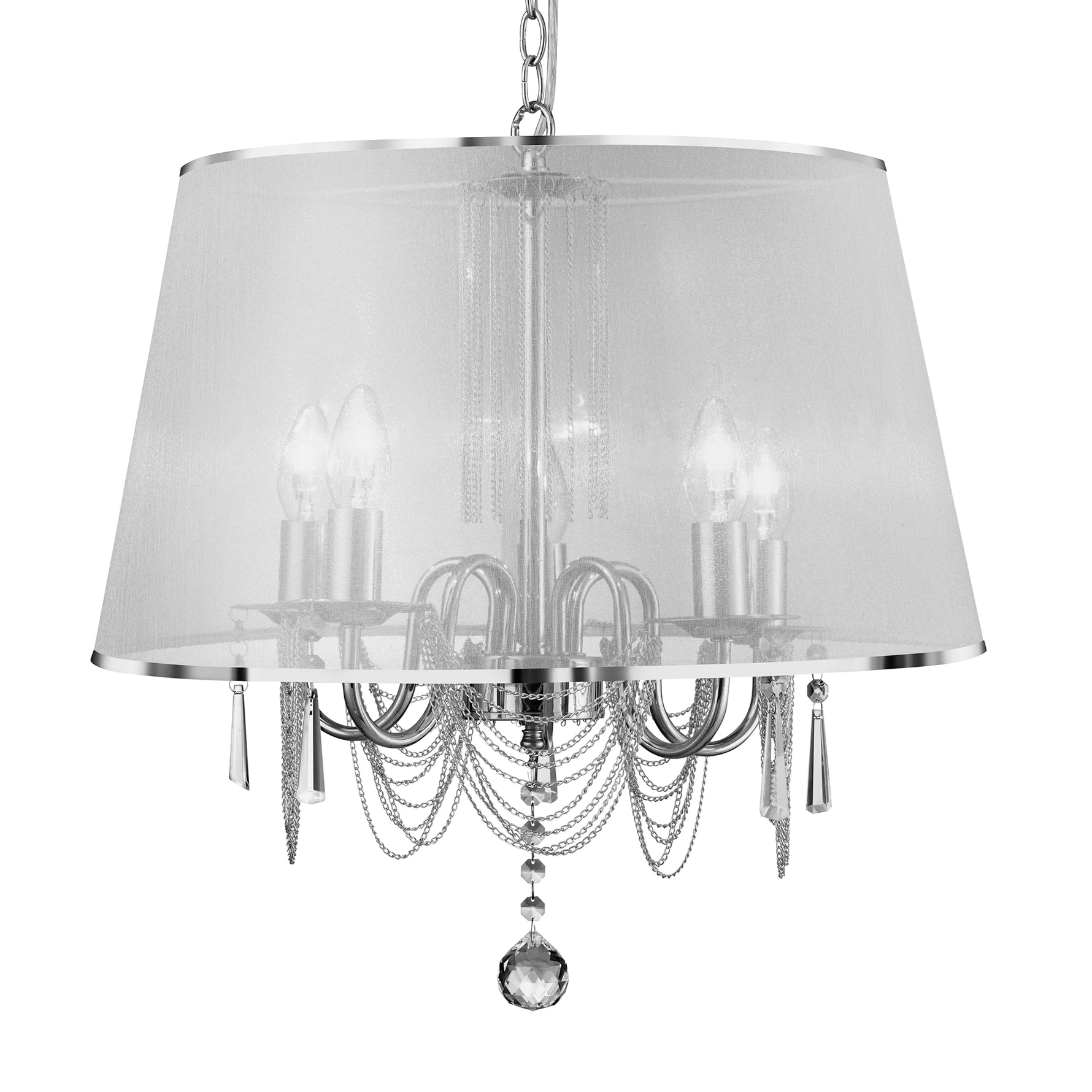 Searchlight Electric Venetian 5Lt Pendant  -  Chrome, Voile Shade & Crystal Glass 1485-5CC