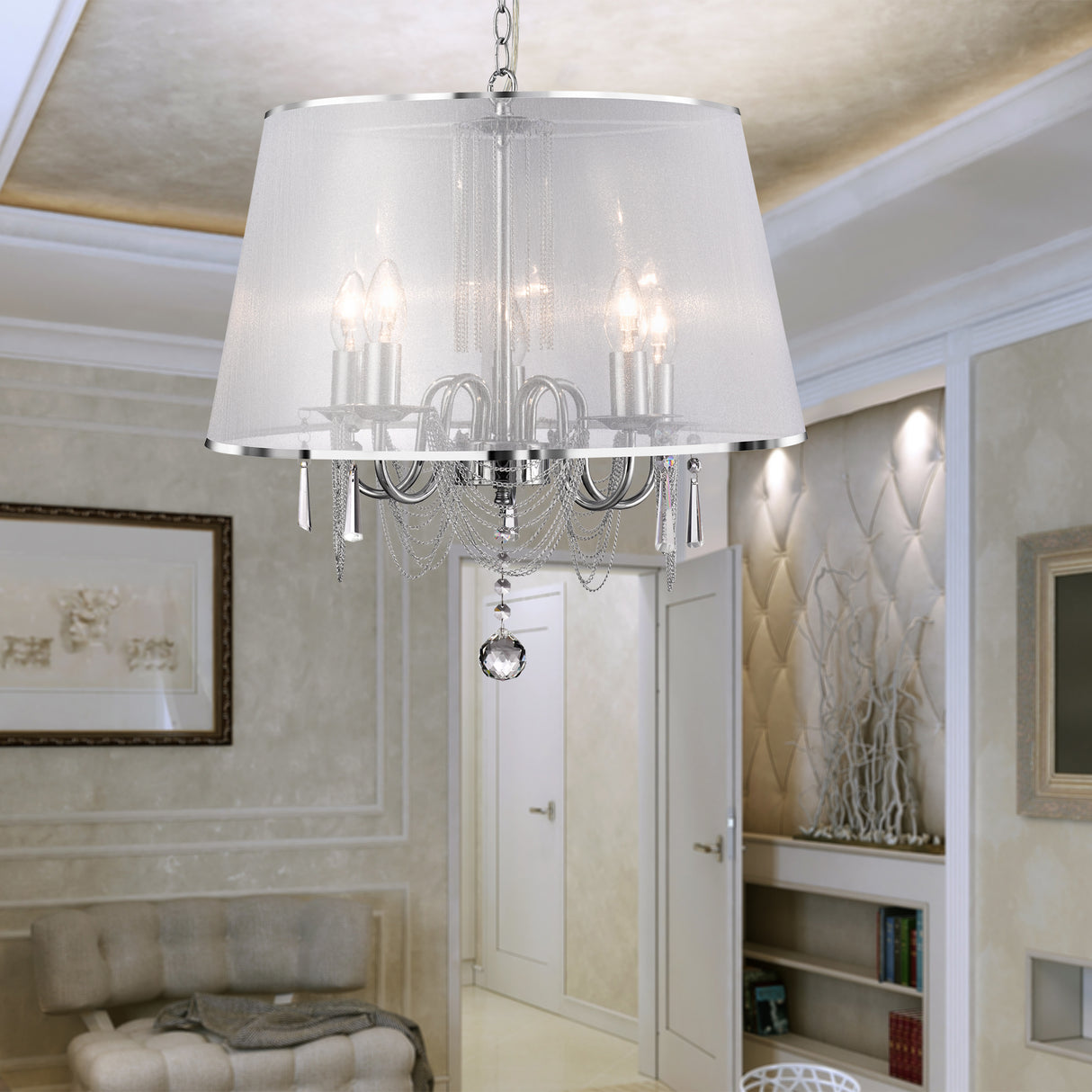 Searchlight Electric Venetian 5Lt Pendant  -  Chrome, Voile Shade & Crystal Glass 1485-5CC